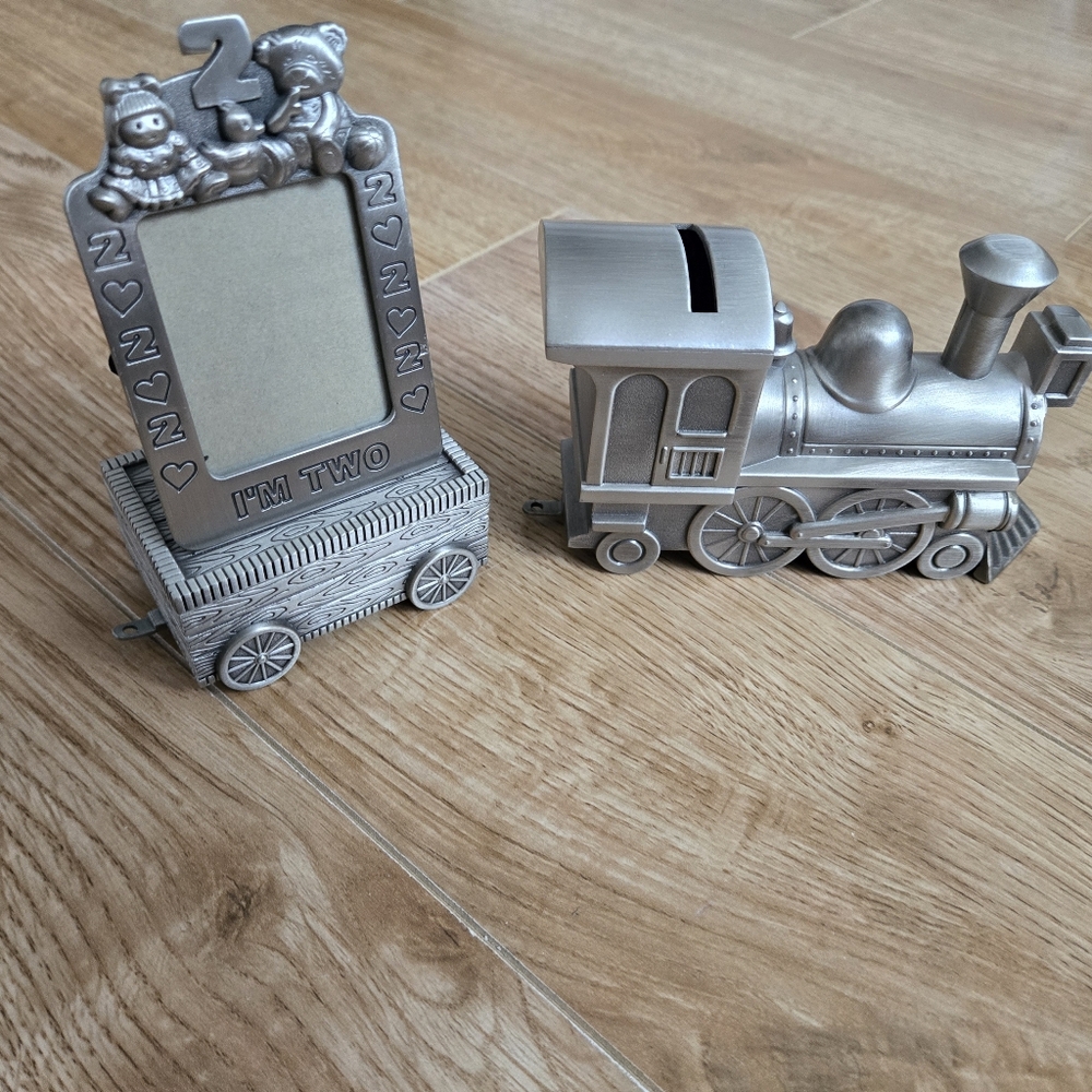 Baby's First Years 11 Piece Pewter Finish Frames Train w Trinket Boxes
